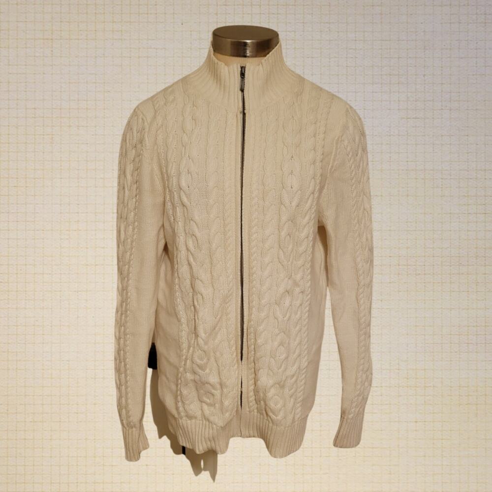 LL Bean Womens Large Cotton Cable Knit Zip Up Sweater Off White